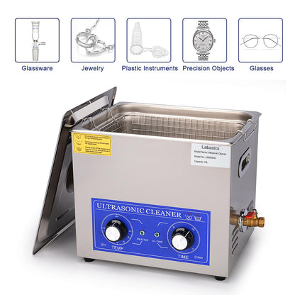 Labasics Ultrasone Reiniger, 304 Roestvrij Staal Universele Ultrasone Reiniger met Mechanisch Bedieningspaneel van Verwarming en Timer voor Laboratorium 40kHz 220V, 10L