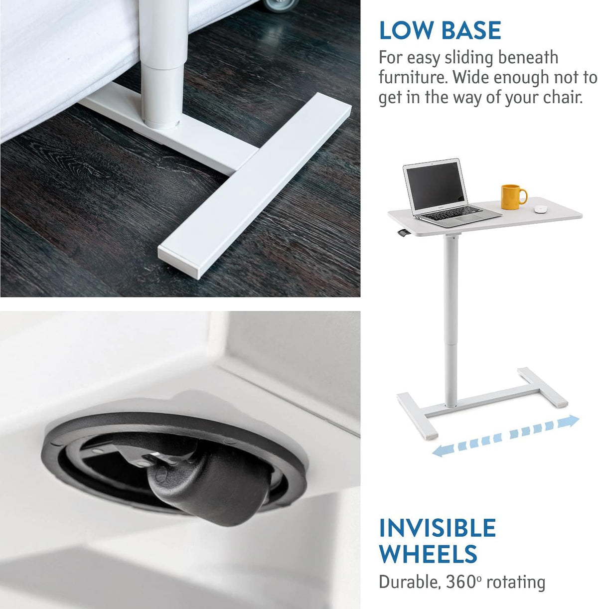 Tatkraft Relax Airlift Pneumatisch zit-sta laptopbureau met wielen, in hoogte verstelbaar 29-45 inch Moeiteloze gasliftregeling, thuiskantoor mobiele rollende laptopstandaard, groot tafelblad, wit