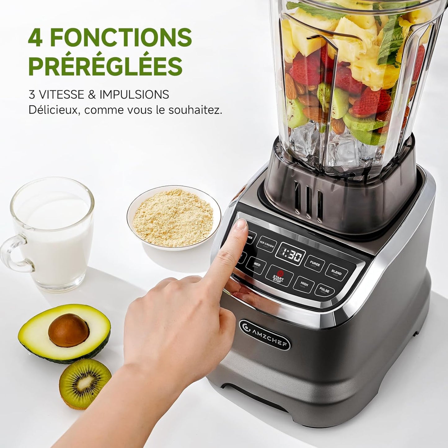 AMZCHEF Professionele smoothiemixer 1,85 liter met 6 messen, 600 ml, BPA 1,85 l en 600 ml individuele glazen mixer voor 2 mengmodi 1800 W