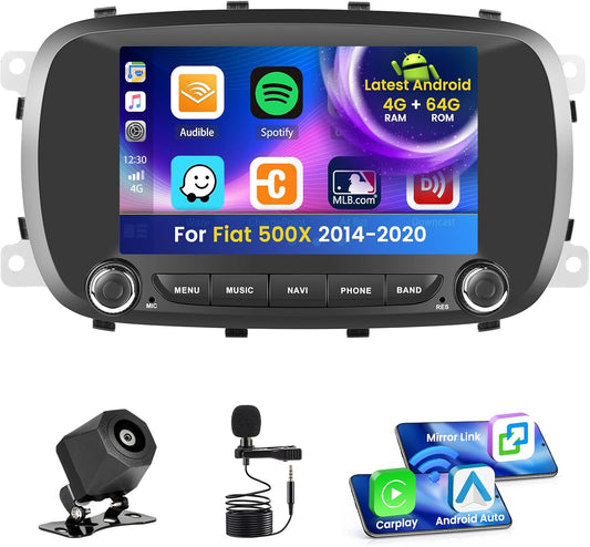 Android 15 autoradio voor Fiat 500X 2014-2020 4+64G met Wireless CarPlay Android Auto, 7 inch scherm ondersteuning FM RDS 32EQ GPS Bluetooth WiFi SWC AHD achteruitrijcamera - QUORE
