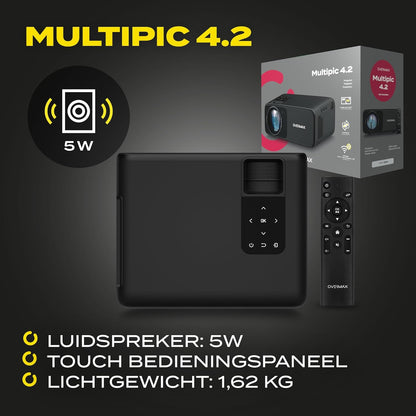 Overmax Multipic 4.2 Full HD 1080p LED Projector: 200" Groot Scherm 4500 Lumen 50000u Lampduur Wi-Fi & BT HMDMI USB Ingebouwde Luidspreker Beleef EURO 2024 en Filmavonden Thuis in Ultieme HD Kwaliteit