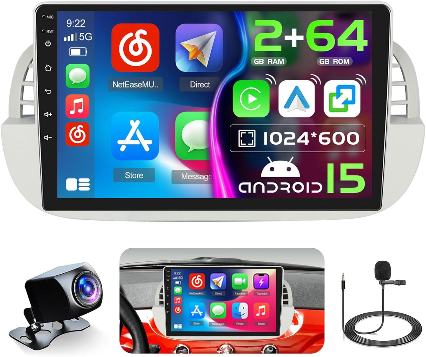 Android 15 Autoradio – 2 DIN Multimedia Systeem – Navigatie Radio – Bluetooth Speler – Draadloze CarPlay Android Auto – 9 Inch Touchscreen – Inclusief Achteruitrijcamera en Microfoon