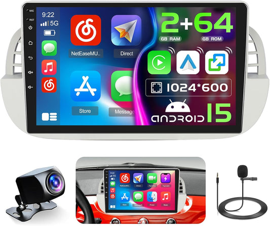 Android 15 Autoradio – 2 DIN Multimedia Systeem – Navigatie Radio – Bluetooth Speler – Draadloze CarPlay Android Auto – 9 Inch Touchscreen – Inclusief Achteruitrijcamera en Microfoon
