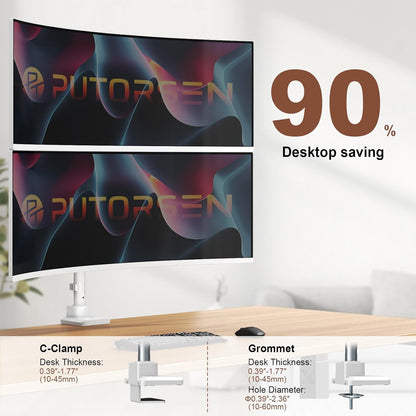 PUTORSEN Monitorhouder 2 monitoren voor 17 tot 49 inch schermen tot 20 kg per arm, extra lange tafelhouder, in hoogte verstelbaar, draaibaar voor optimale ergonomie, VESA 75/100 mm