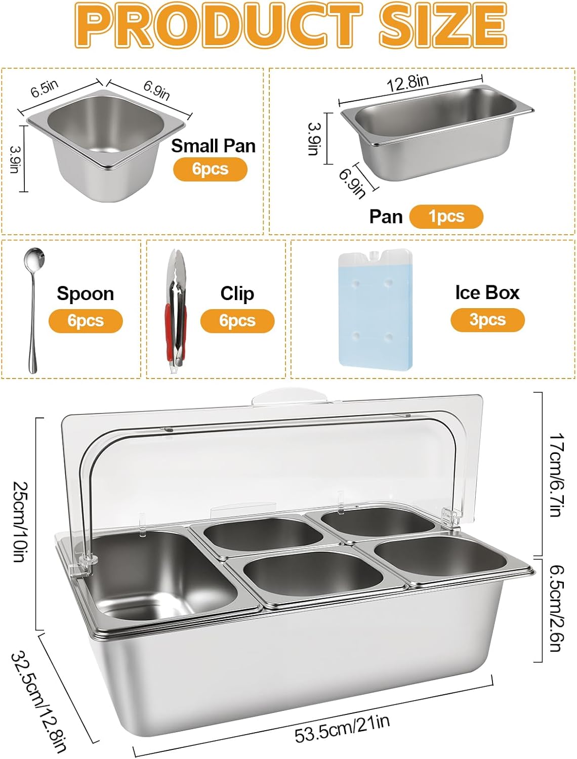 Kalolary Pizzabelag-station, 7 pannen, roestvrij staal, kruidenorganizer, saladebar, buffetstation met lepels, koelboxen, buffetcontainerset voor sauzen, jam, ingrediënten, keuken, restaurant