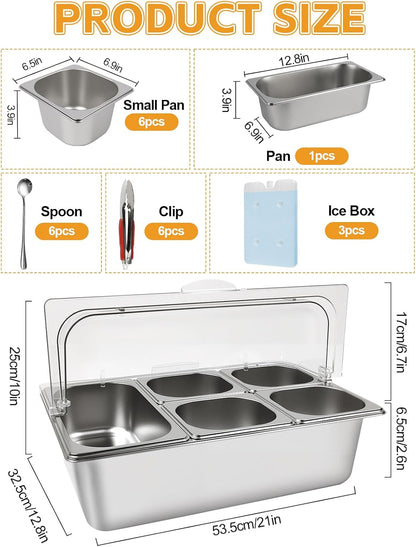 Kalolary Pizzabelag-station, 7 pannen, roestvrij staal, kruidenorganizer, saladebar, buffetstation met lepels, koelboxen, buffetcontainerset voor sauzen, jam, ingrediënten, keuken, restaurant