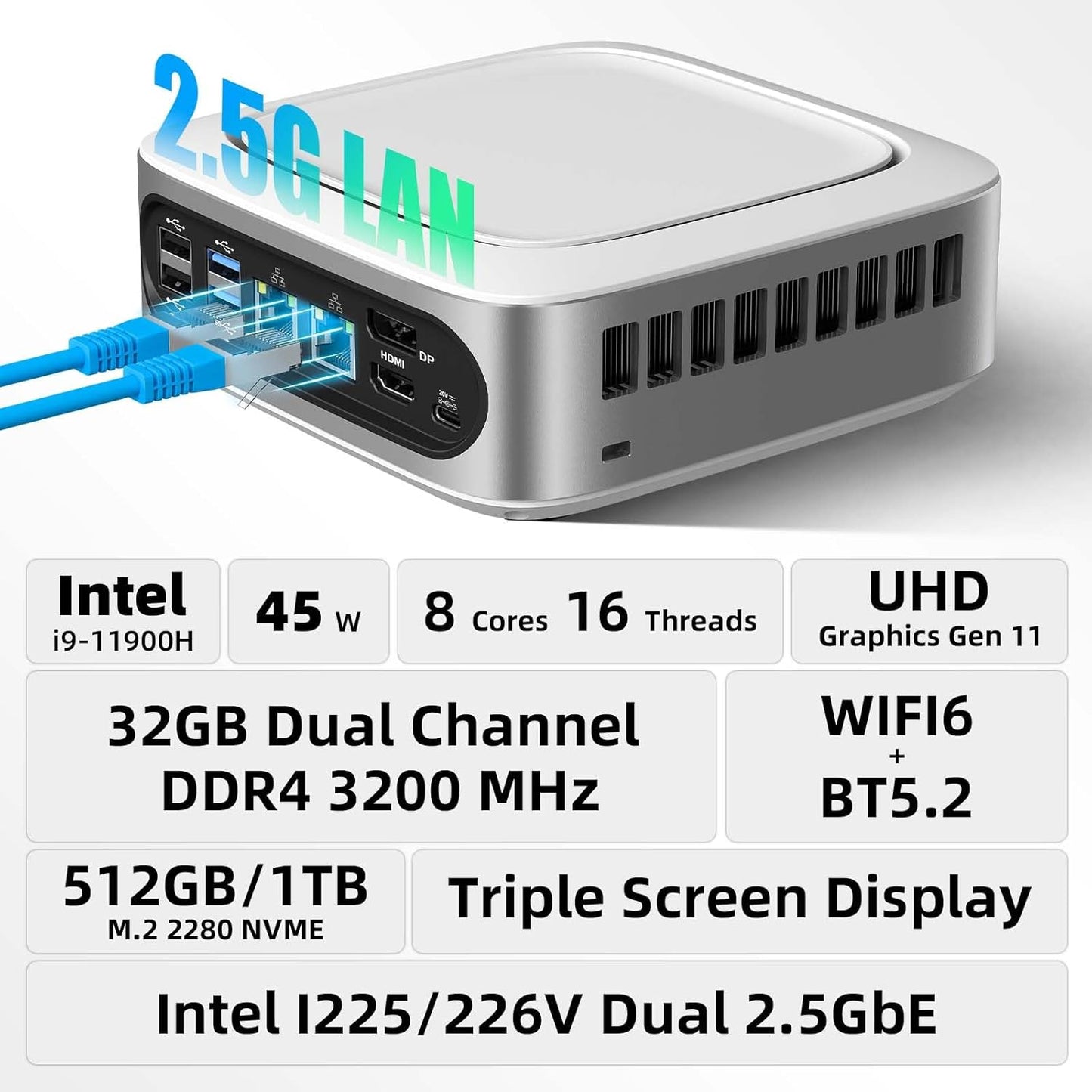 Mini PC – Mini Computer – Compact PC – Kleine Desktop – Ultieme Workstation – Intel Core i9-11900H 8-Core – 32GB RAM 1TB NVMe SSD – Triple 4K Display – WiFi 6 & Bluetooth 5.2