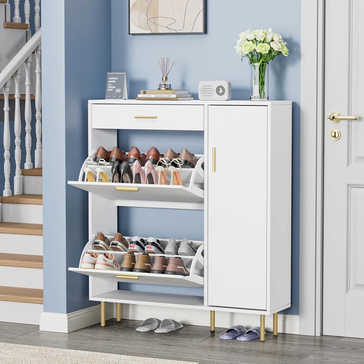 Schoenenkasten, wit, met 2 kleppen, schoenenkast, schoenenrek met 1 lade en 1 deur, smal met verstelbaar rek, voor 14-18 paar schoenen, voor ingang, hal, woonkamer