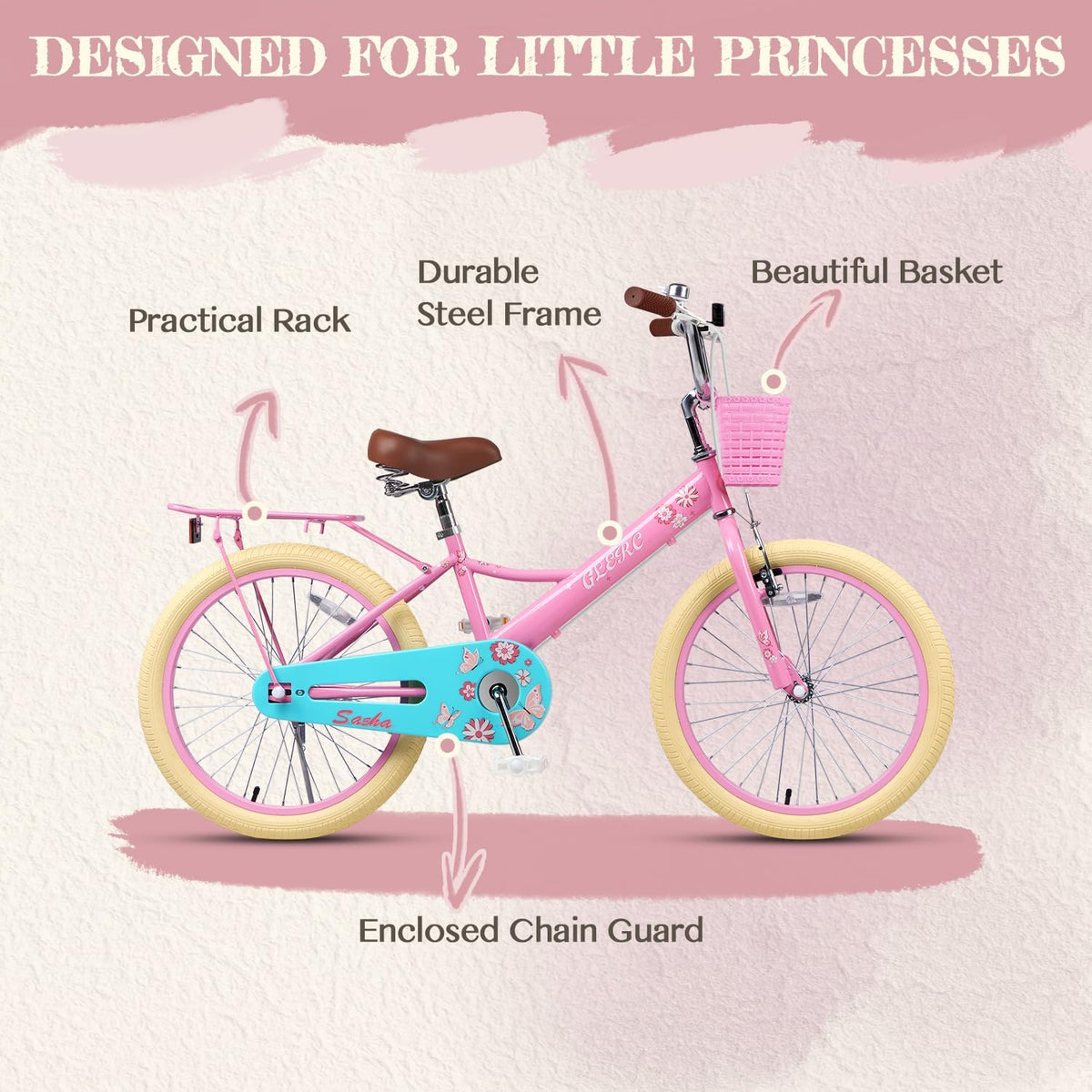 Glerc Meisjesfiets, 12 - 20 inch kinderfiets voor kinderen van 2, 3, 4, 5, 6, 7, 8, 9, 10, 11, 12, 13 jaar, kinderfiets met poppenzitje, mand, steunwielen en fietsstandaard