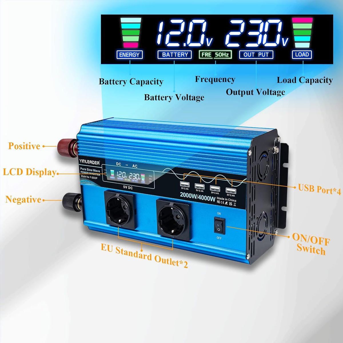 Omvormer – Spanningsomvormer – Zuivere Sinusomvormer – Inverter – Sinusomvormer 12 V Naar 230 V – 2000 W Continu / 4000 W Piek – LCD-Display & Afstandsbediening