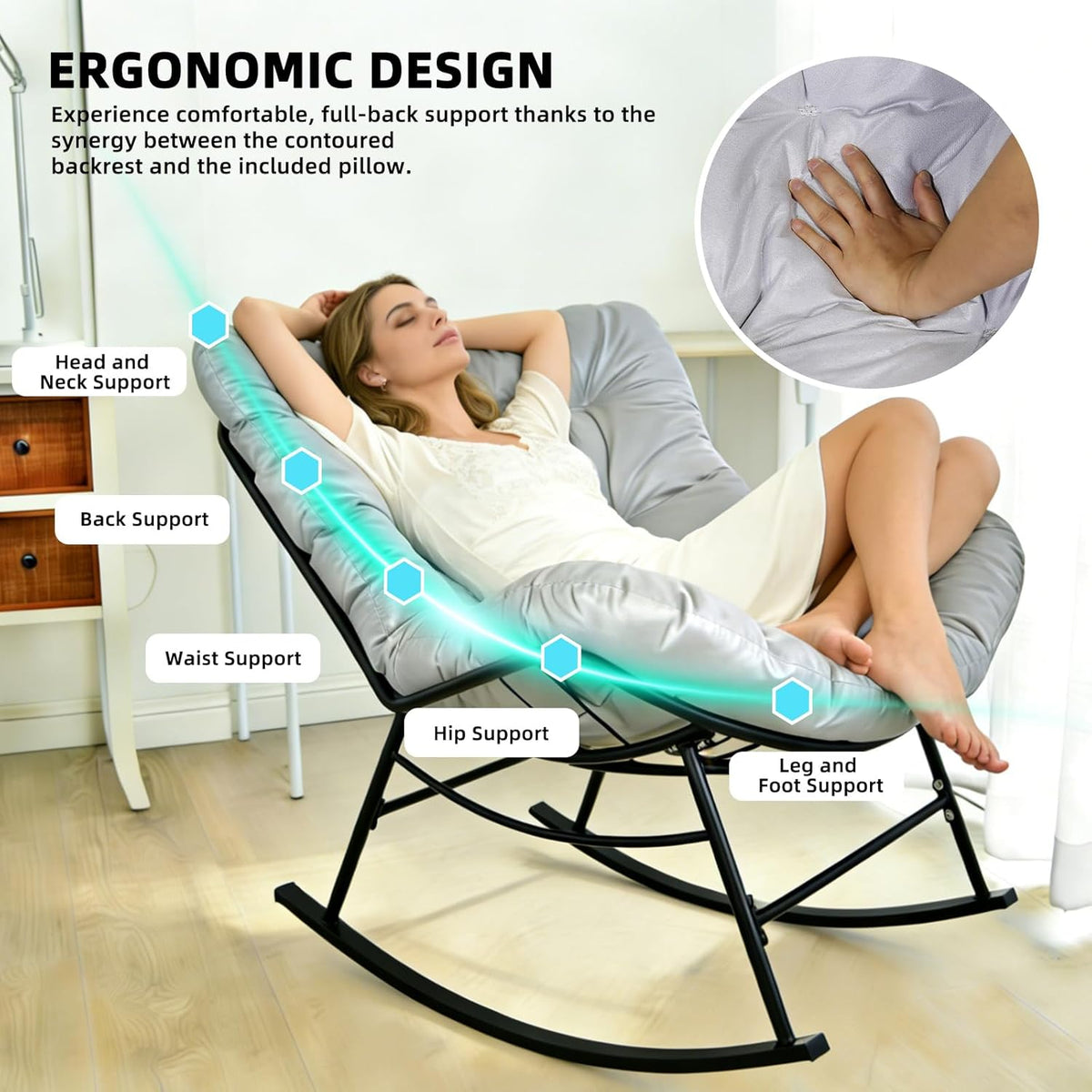 Schommelstoel – Schommelzetel – Relaxstoel – Wipstoel – Lounge Stoel – Extra Groot – Anti-Kantel Design – Waterafstotend Kunstleder – Grijs