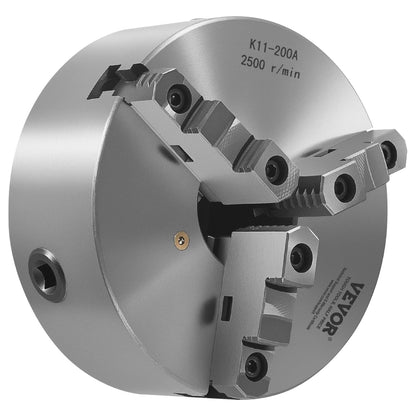 VEVOR 3-jaw lathe holder, 200 mm, self-centering chuck with 2 1/4"-8 threaded support plate, 4-200 mm clamping range with T-wrench screws, HT300 material, for wood-metal lathe