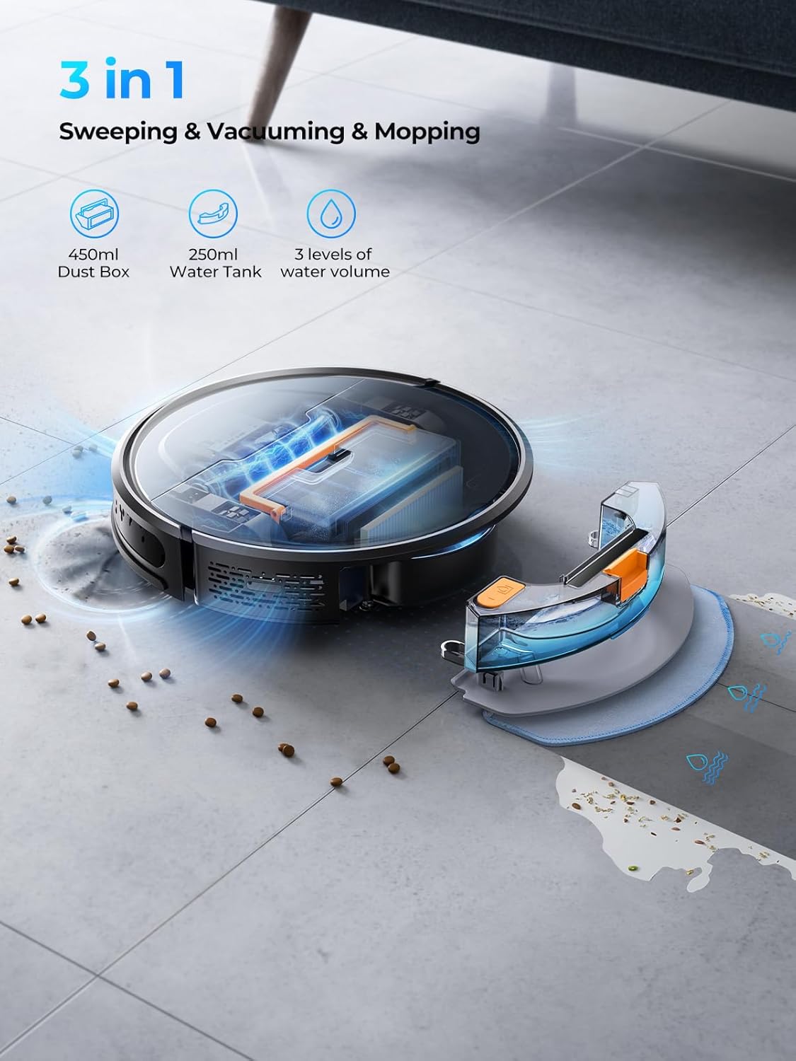 Laresar Clean Stofzuigerrobot, 4500 Pa stofzuigerrobot, automatische reiniging, 3-in-1, lange batterijduur, compatibel met Alexa/WLAN/app, voor dierenharen, vloer (Evol 3)