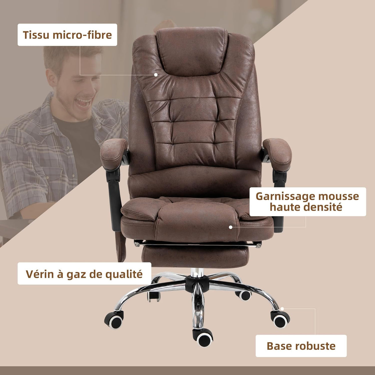 Vinsetto Bureaustoel, massage, verwarmd, bureaustoel, ergonomisch, in hoogte verstelbaar, rugleuning kantelbaar, microvezeldoek, bruin