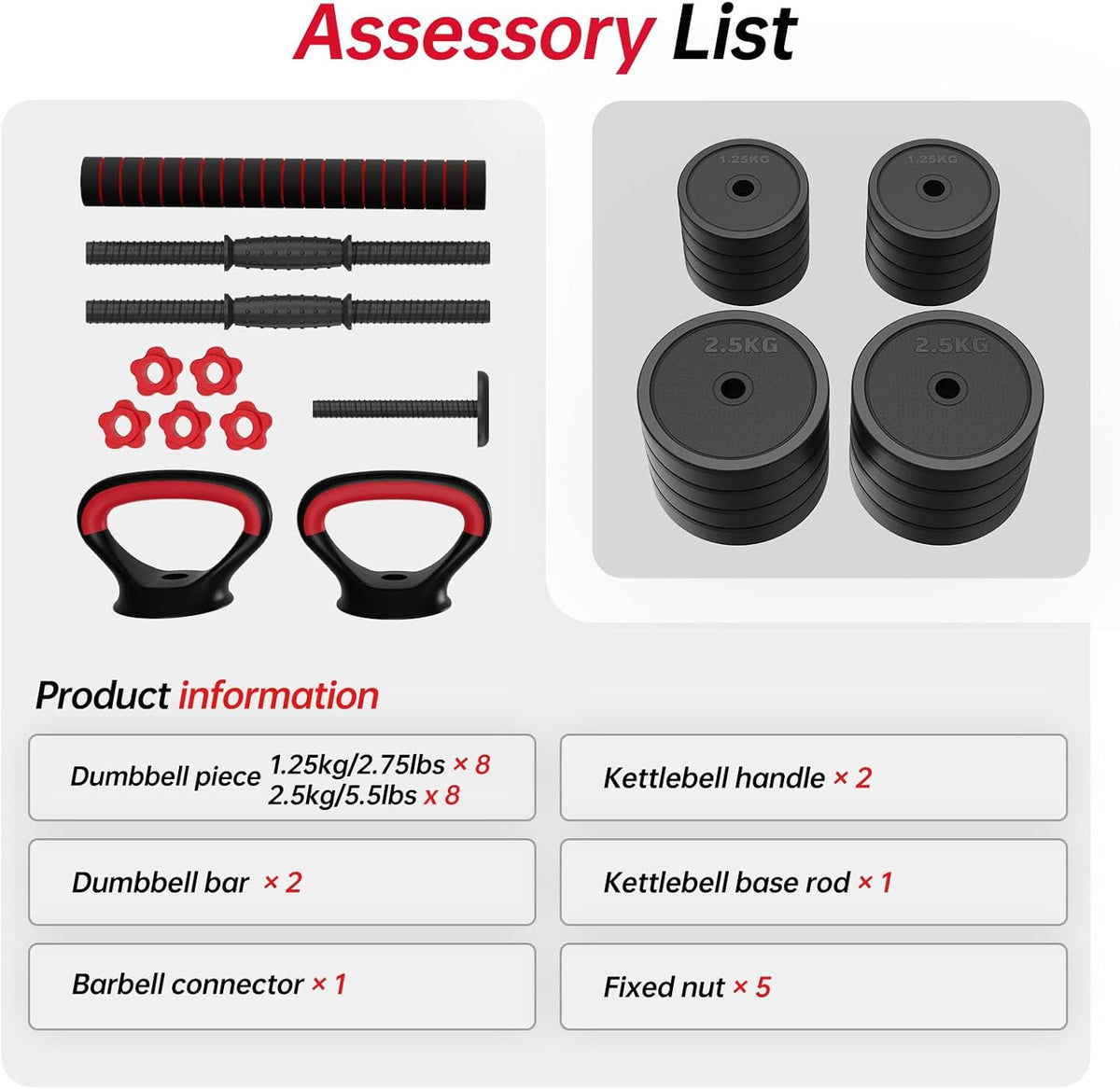 JOROTO Verstelbare Dumbbell Set, 10KG/30KG Gewichten Dumbbell Set met Pluggen, 4 in1 Workout Gewicht voor Home Gym Barbell, Kettlebells, Push up Stand Fitnessapparatuur