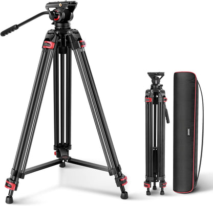 NEEWER 74 inch Pro videostatief met vloeistofkop, robuust aluminium statief met 360° draaibare en 160° kantelkop, QR-plaat compatibel met Manfrotto 501, diameter 75 mm schotelbasis voor DSLR-camera,