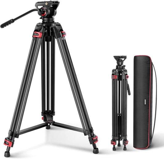 NEEWER 74 inch Pro videostatief met vloeistofkop, robuust aluminium statief met 360° draaibare en 160° kantelkop, QR-plaat compatibel met Manfrotto 501, diameter 75 mm schotelbasis voor DSLR-camera,