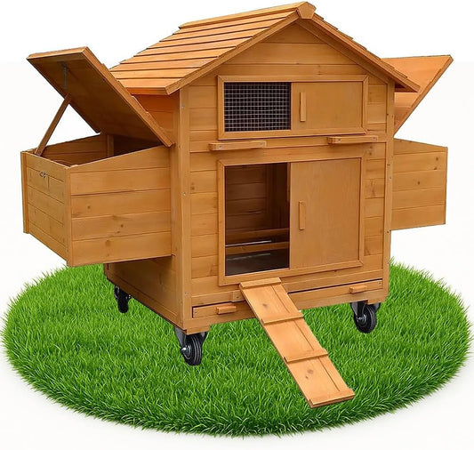 Mobiel kippenhok – Houten kippenhok – Renhok – Legnesthok – Dierenhok – Voor 4 kippen – Met Wieltjes en Handvatten – Inclusief 2 Nestkasten - QUORE