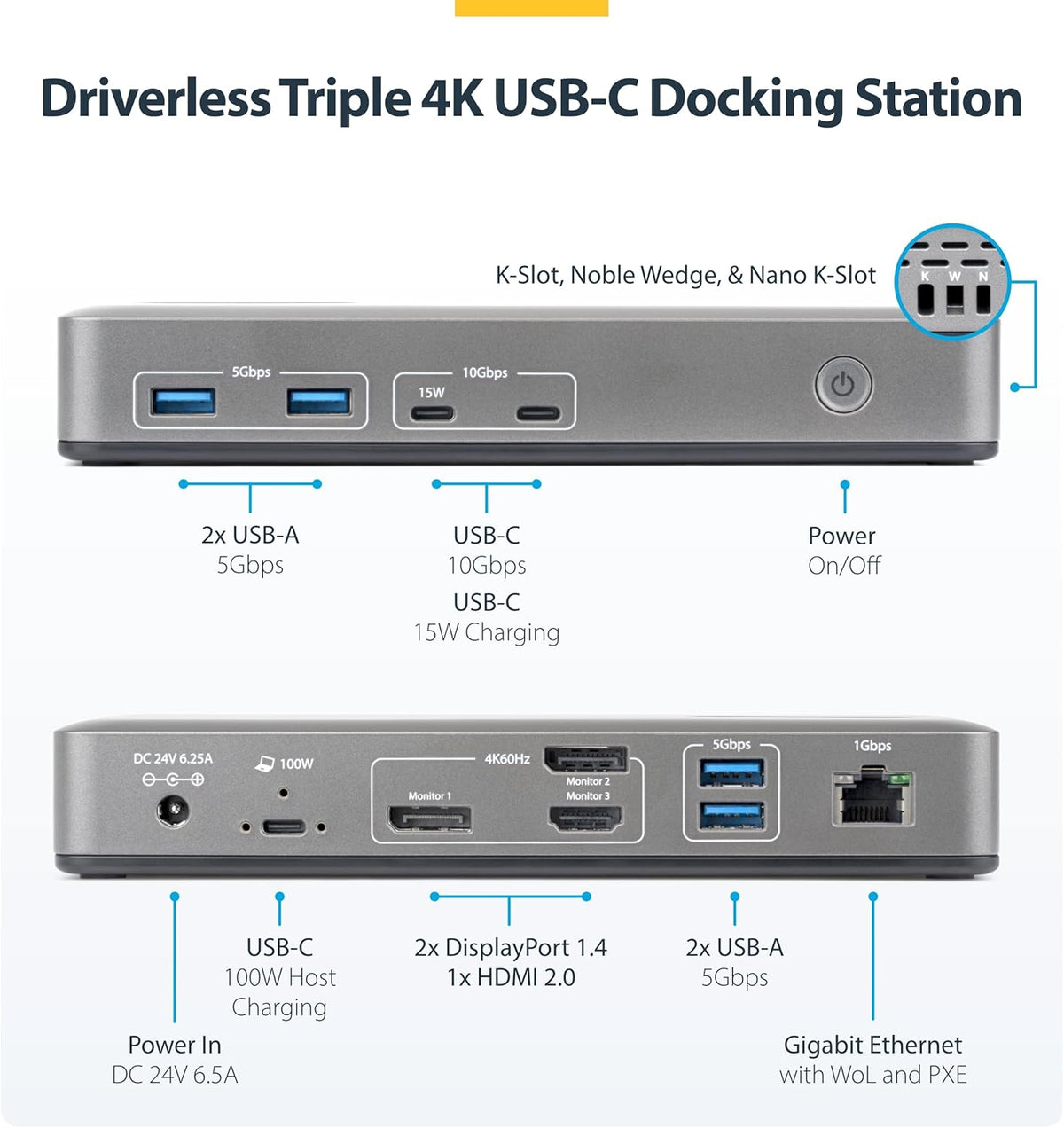 StarTech Triple-Monitor USB-C Docking Station, DisplayPort/HDMI, 4K 60Hz, 100W PD, 1GbE, Driverless, Multi-Monitor Dock