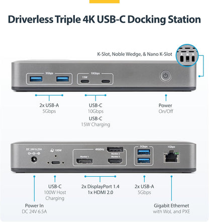 StarTech Triple-Monitor USB-C Docking Station, DisplayPort/HDMI, 4K 60Hz, 100W PD, 1GbE, Driverless, Multi-Monitor Dock