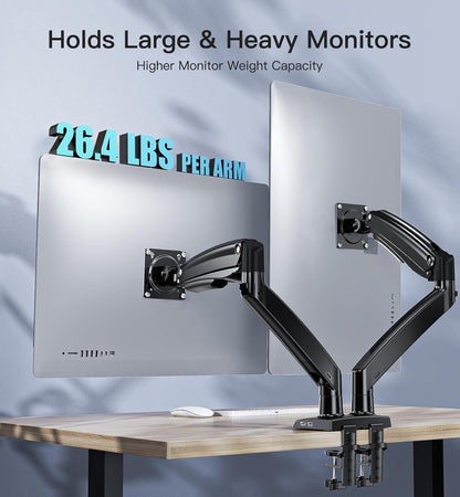 HUANUO PC-monitorstandaard 2 schermen ultra-breed van 15 tot 35 inch, arm voor pc-monitor met gasveer met USB-kabel, volledig bewegende pc-monitorarm tot 12 kg