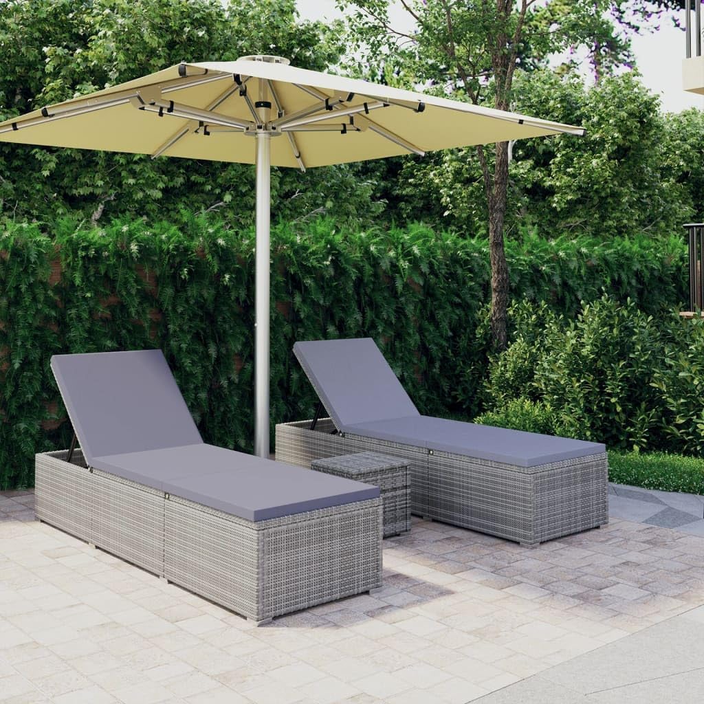 vidaXL 3-piece Sunbed set with tea table poly rattan grey