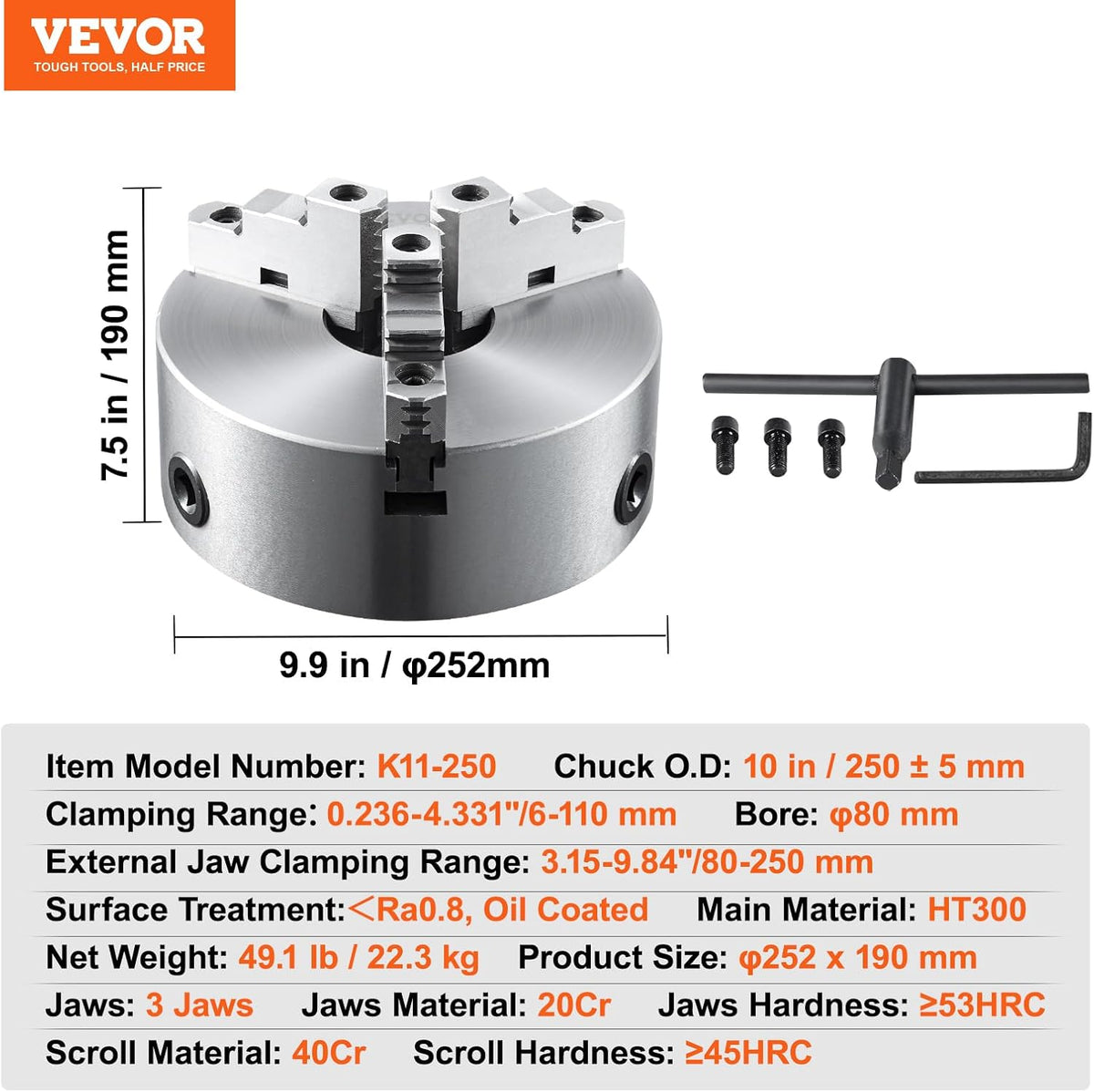 VEVOR 3-Jaw Self Centering Chuck, 10", 0.24-9.84in/6-250mm Clamping Range, With T-Key Fixing Screws Hexagonal Wrench, For Lathe 3D Printer Machining Center