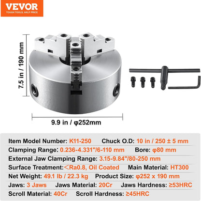 VEVOR 3-Jaw Self Centering Chuck, 10", 0.24-9.84in/6-250mm Clamping Range, With T-Key Fixing Screws Hexagonal Wrench, For Lathe 3D Printer Machining Center