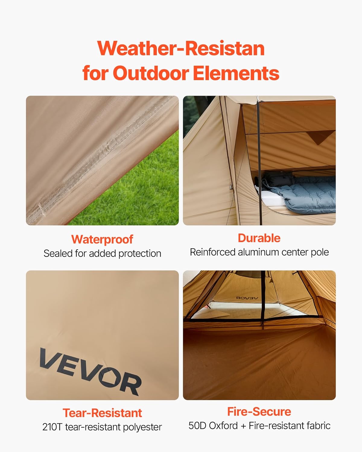 VEVOR Campingtent, lichte bushcraft-tent met kachelaansluiting en 2 zeilstangen, wintertenten, draagbare 4-seizoenentent voor 2 personen, voor wandelen, vissen, jagen en rugzakreizen
