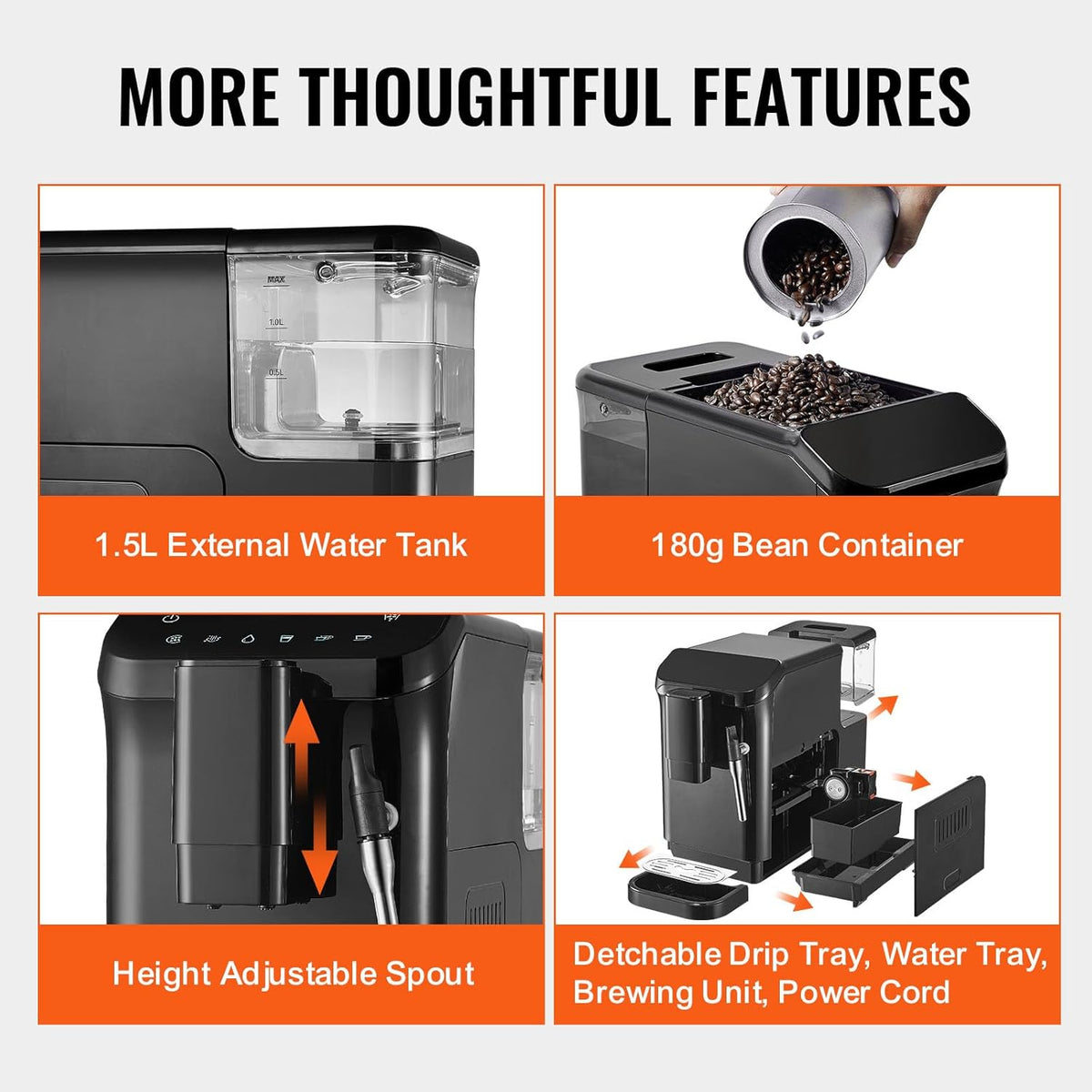 VEVOR Automatische espressomachine, espressomachine 20 bar met melkopschuimer stoommondstuk, geïntegreerde molen en 15 maalinstellingen, met 1,5 l waterreservoir voor cappuccino, latte