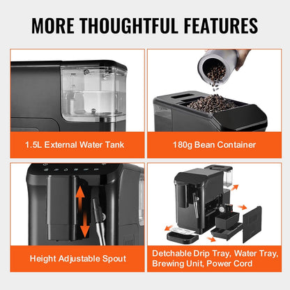 VEVOR Automatische espressomachine, espressomachine 20 bar met melkopschuimer stoommondstuk, geïntegreerde molen en 15 maalinstellingen, met 1,5 l waterreservoir voor cappuccino, latte