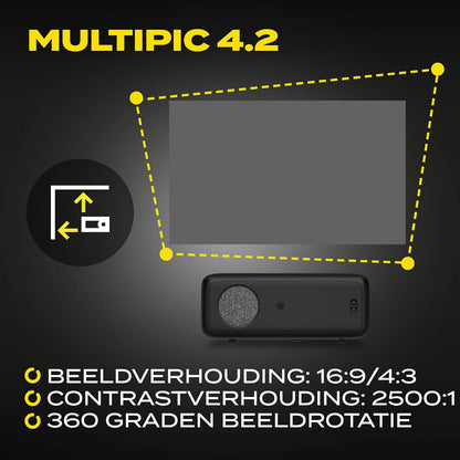 Overmax Multipic 4.2 Full HD 1080p LED Projector: 200" Groot Scherm 4500 Lumen 50000u Lampduur Wi-Fi & BT HMDMI USB Ingebouwde Luidspreker Beleef EURO 2024 en Filmavonden Thuis in Ultieme HD Kwaliteit