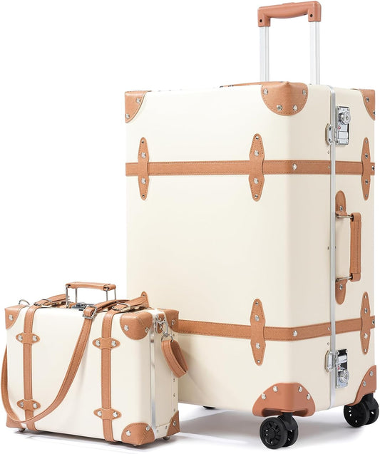 Urecity 3-delige retro bagageset - vintage lederen koffer voor dames, stijlvolle en ruime reiskofferset met robuust aluminium frame, wit met bruin, S(12")+L(26"), vintage