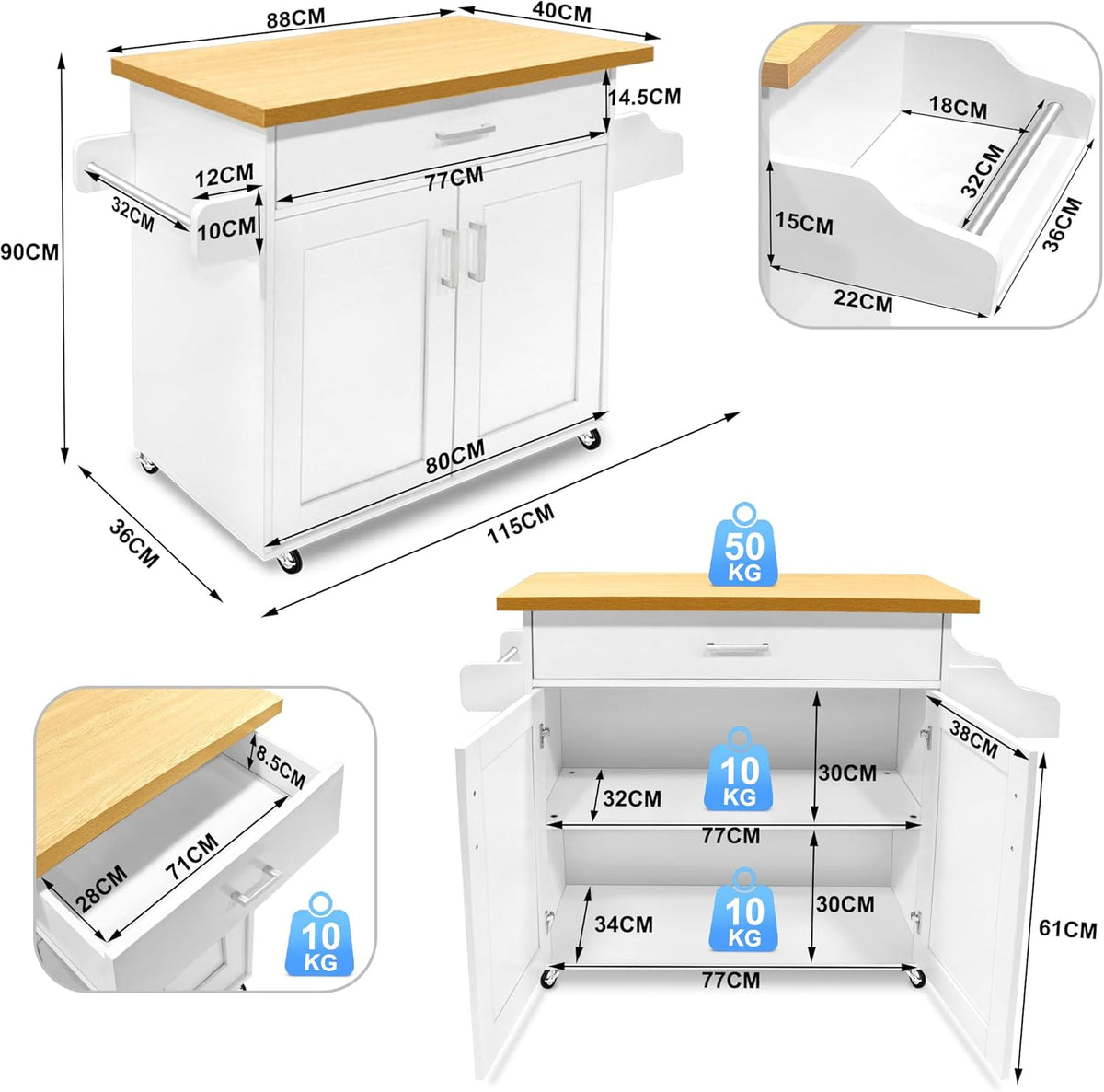 Keukentrolley – Mobiele Keukenwagen – Keukenkast – Serveerwagen – Keukenkar – Extra Opbergruimte – Duurzaam MDF – 115x36x90 cm