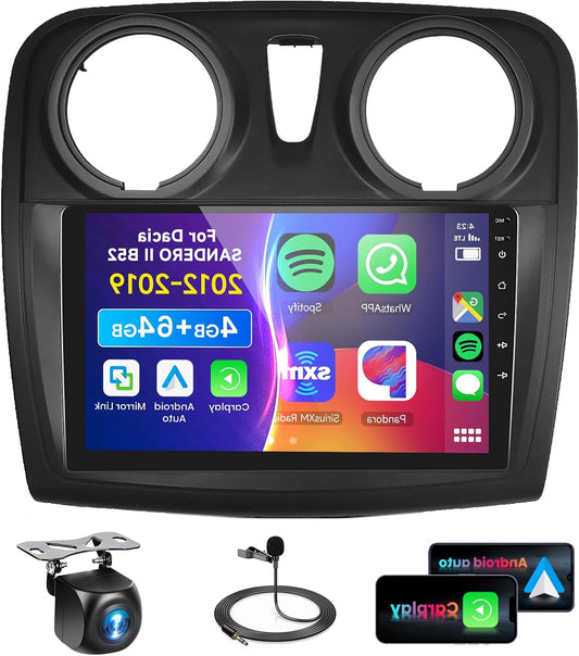 4G/64G VECHTEL 9" Bluetooth Car Radio for Renault Dacia SANDERO II B52 2012-2019,Android 15,CarPlay Android Auto,DSP EQ,WiFi/GPS,Mirrorlink,RDS/FM Radio 2DIN with AHD Rear Camera - QUORE