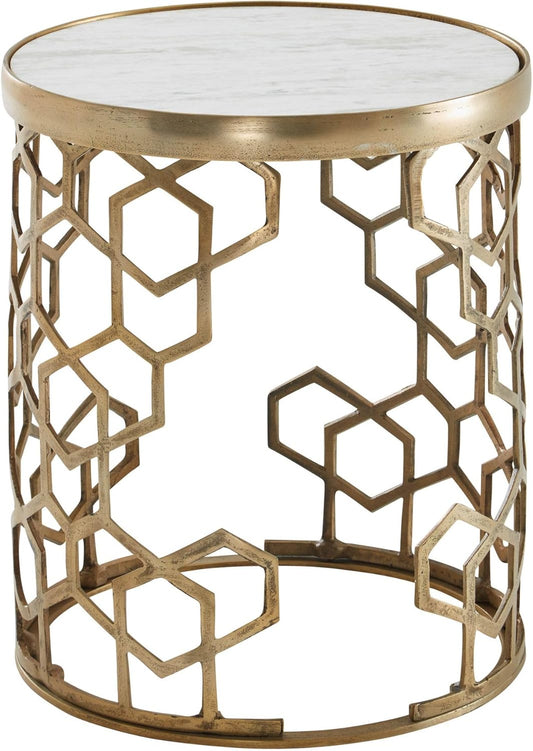 FineBuy Side Table Real Marble and Metal 46x46x55cm Coffee Table White Gold | Round Tray Table Living Room Modern | Coffee Table Living Room Table High - QUORE