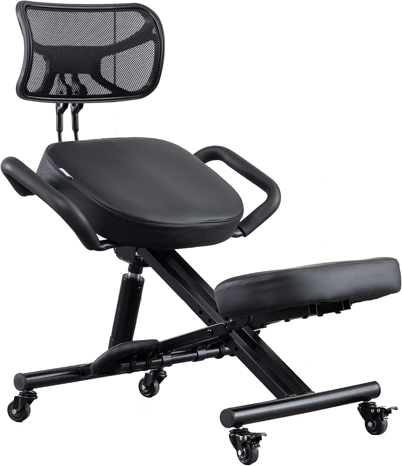 Knielstoel met rugleuning Ergonomisch voor kantoor, Verstelbare kruk met schuine zitting voor een betere houding, Dikke comfortabele kussens, Zwart