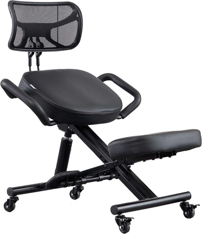 Knielstoel met rugleuning Ergonomisch voor kantoor, Verstelbare kruk met schuine zitting voor een betere houding, Dikke comfortabele kussens, Zwart