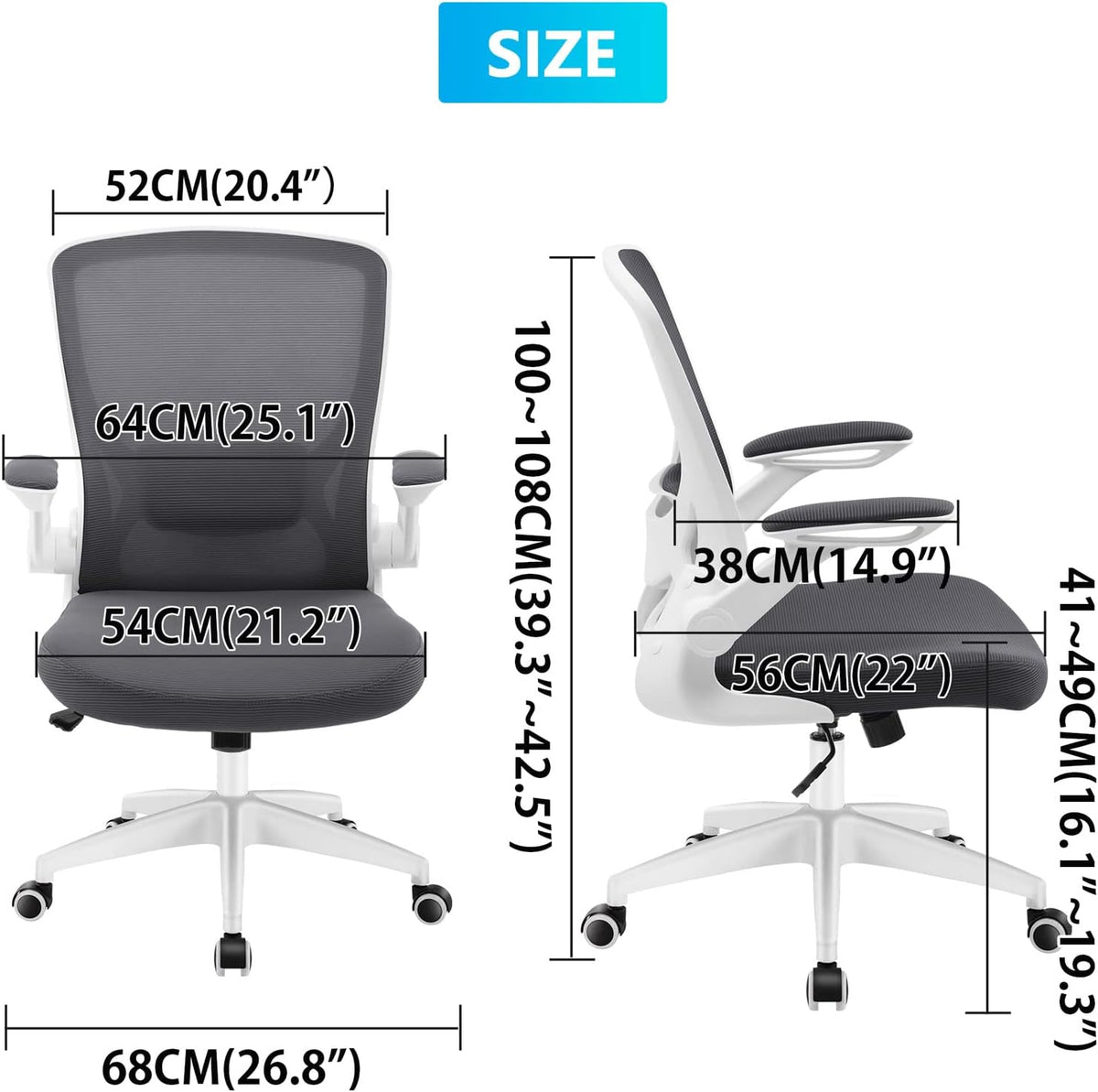 KERDOM Bureaustoel, ergonomische bureaustoel met inklapbare armleuningen, 360° draaistoel, mesh, computerstoel, 9060, donkergrijs
