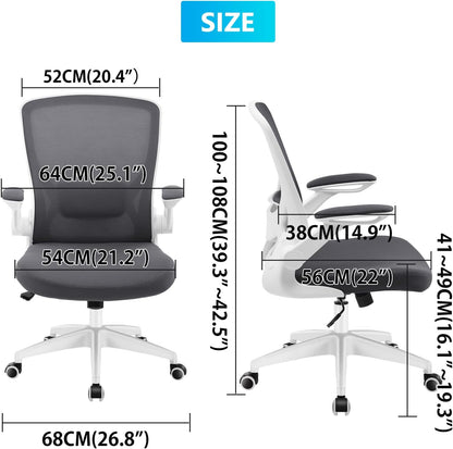 KERDOM Bureaustoel, ergonomische bureaustoel met inklapbare armleuningen, 360° draaistoel, mesh, computerstoel, 9060, donkergrijs