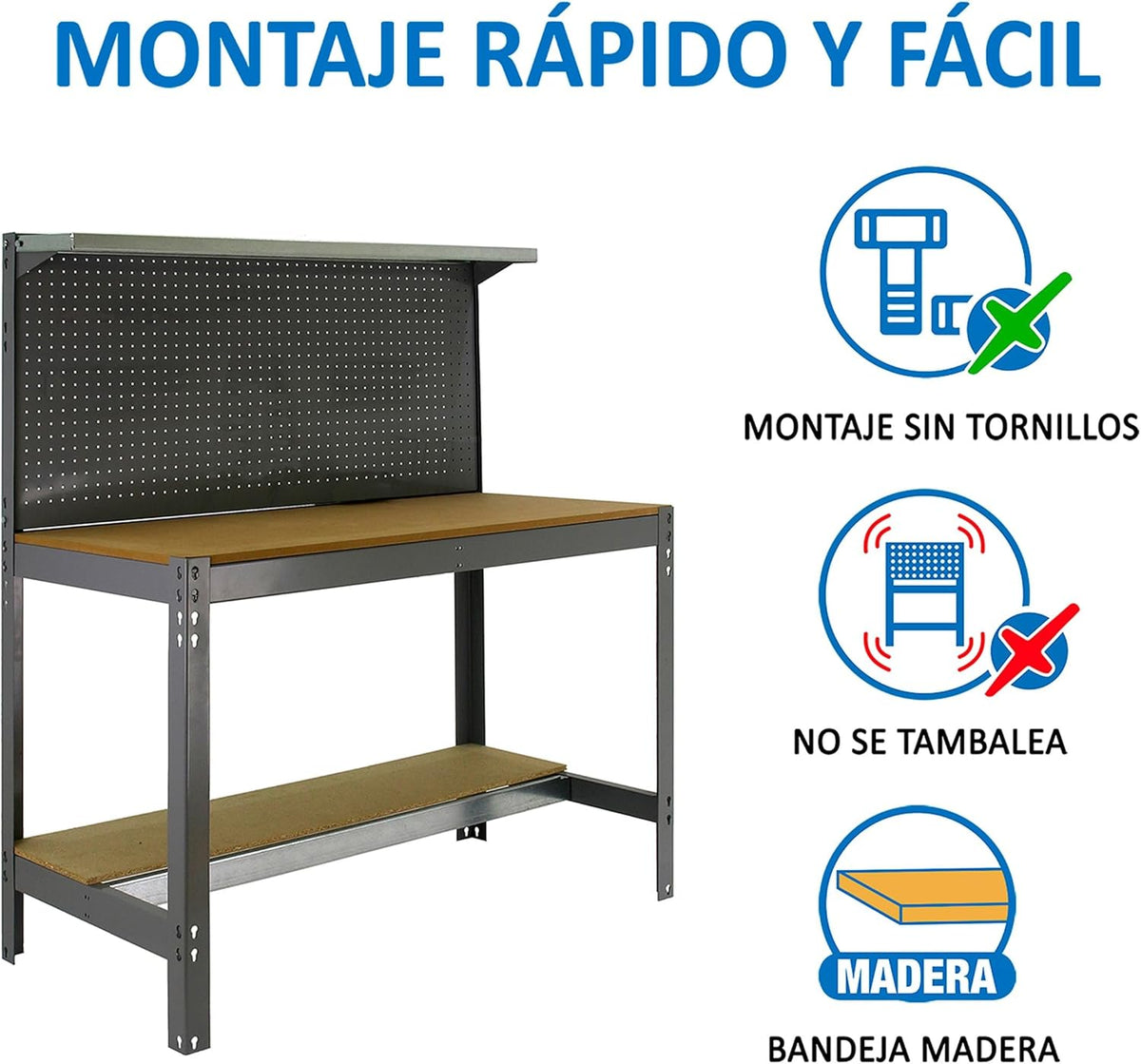 Simon Rack Sterke Werkbank met Bovenplank en Geperforeerd Paneel, 1445x910x610 mm, 400 kg Draagvermogen, Metalen Frame en Houten Werkblad, Compleet voor Werkplaats, Grijs/Hout – BT3