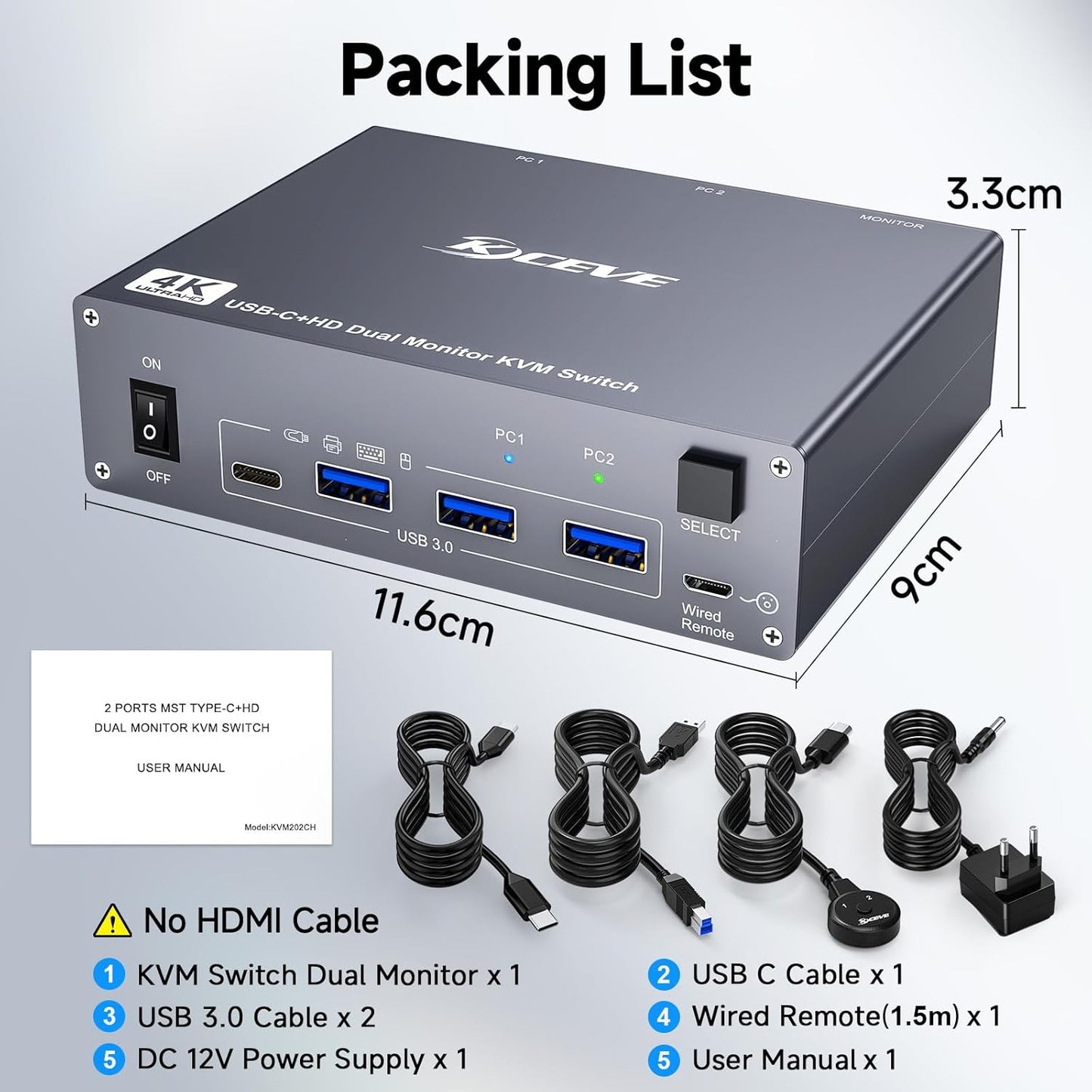 4K KVM Switch 2 Monitoren für 1 Laptop 1 Desktop, KUSB 3.0 KVM Switch 2 PC 2 Monitoren USB C, 4K@60Hz, MST, PD 100W, Aluminium, met Bedrade Afstandsbediening