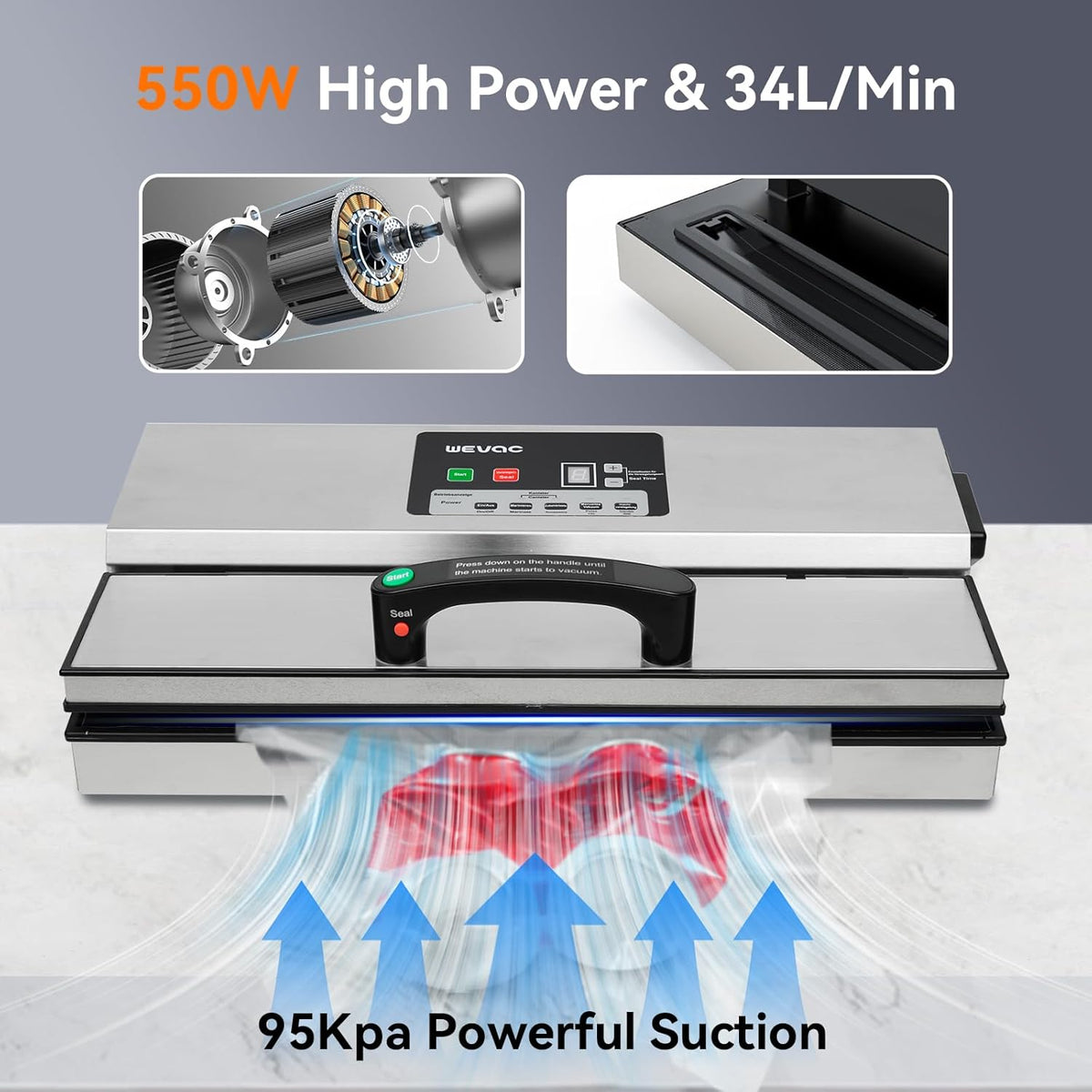 Wevac 95kpa Voedsel Vacuüm Sealer Machine 550W Krachtige Één Hand Operatie Vac Pack Machine 12-in-1 Voedsel Sealer met Vloeibare Tank voor Commercieel of Huishouden