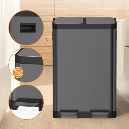 Mbillion Vuilnisemmer voor in de keuken, 2 vakken, afvalscheidingssysteem, roestvrij staal, met uitneembare binnenemmers, voor thuis, kantoor, 20 + 20 l, zwart