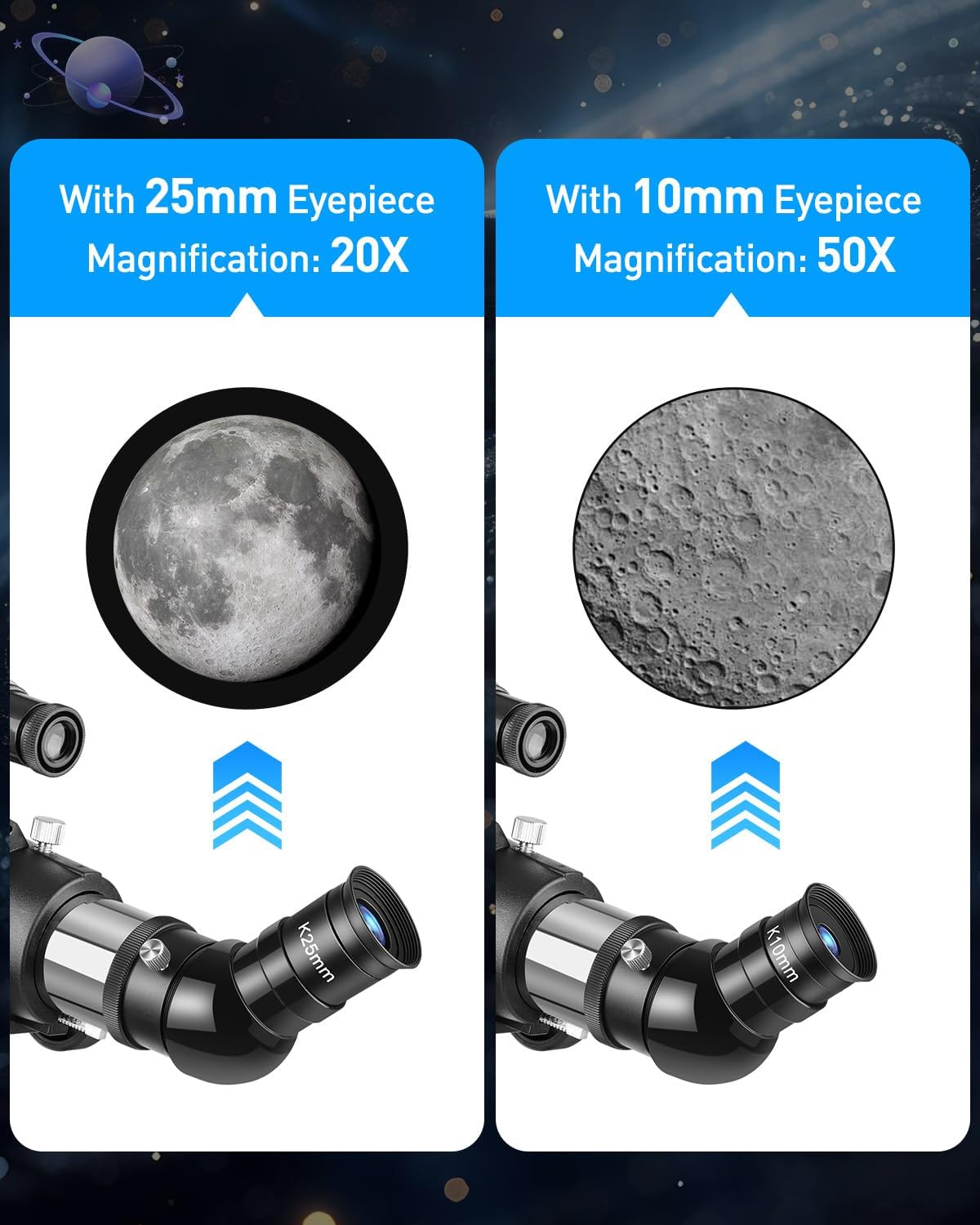Telescoop 90/600 mm astronomie refractor met aluminium statief - complete set met 2 oculairs (10 mm & 25 mm), 3 x Barlow lens, smartphone-adapter en draagtas