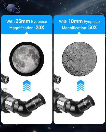 Telescoop 90/600 mm astronomie refractor met aluminium statief - complete set met 2 oculairs (10 mm & 25 mm), 3 x Barlow lens, smartphone-adapter en draagtas
