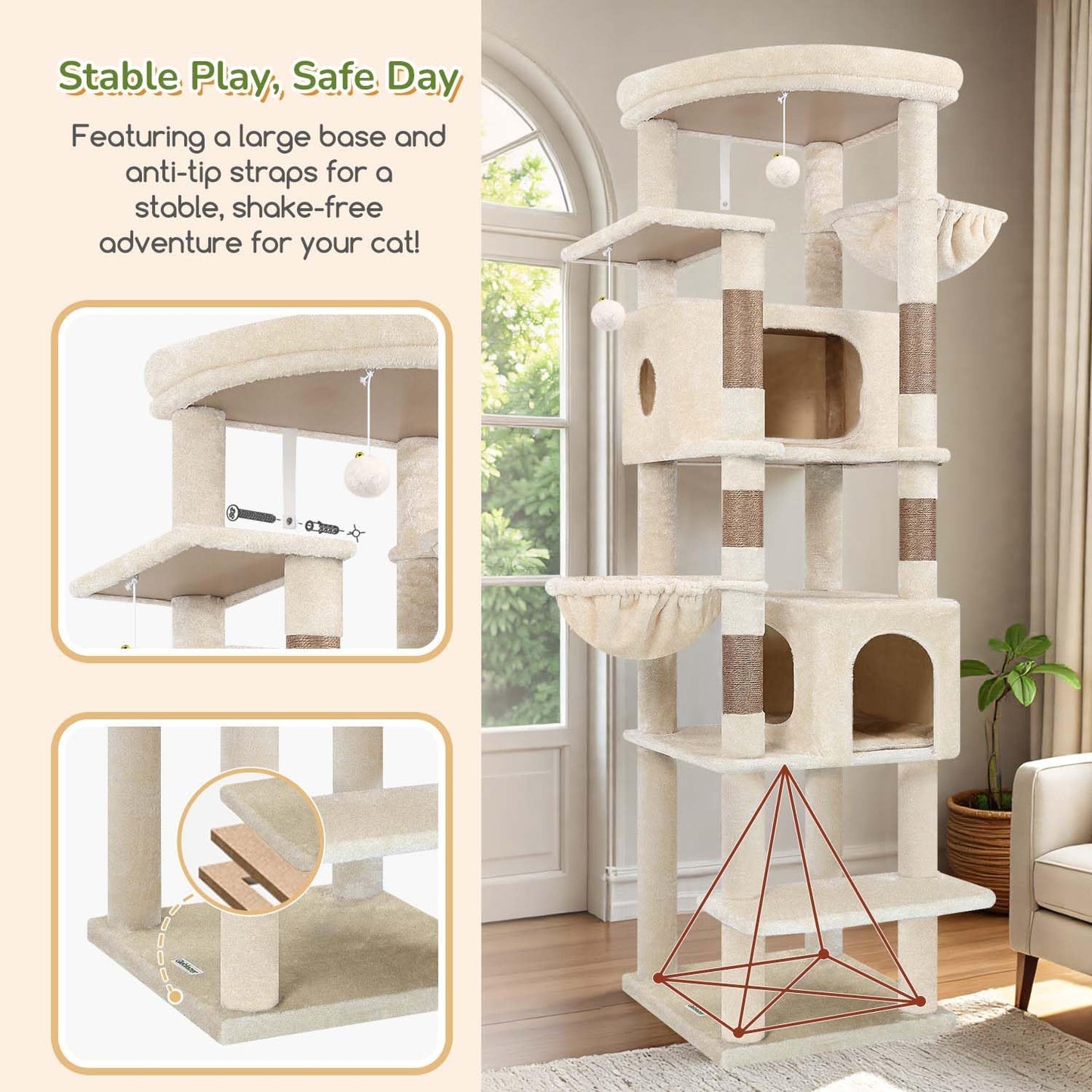 Krabpaal – Kattenboom – Kattenhuis – Krabton – Klimelement – Beige – 188 cm Hoog – 2 Grote Kattenhuisjes Met Gevoerd Platform