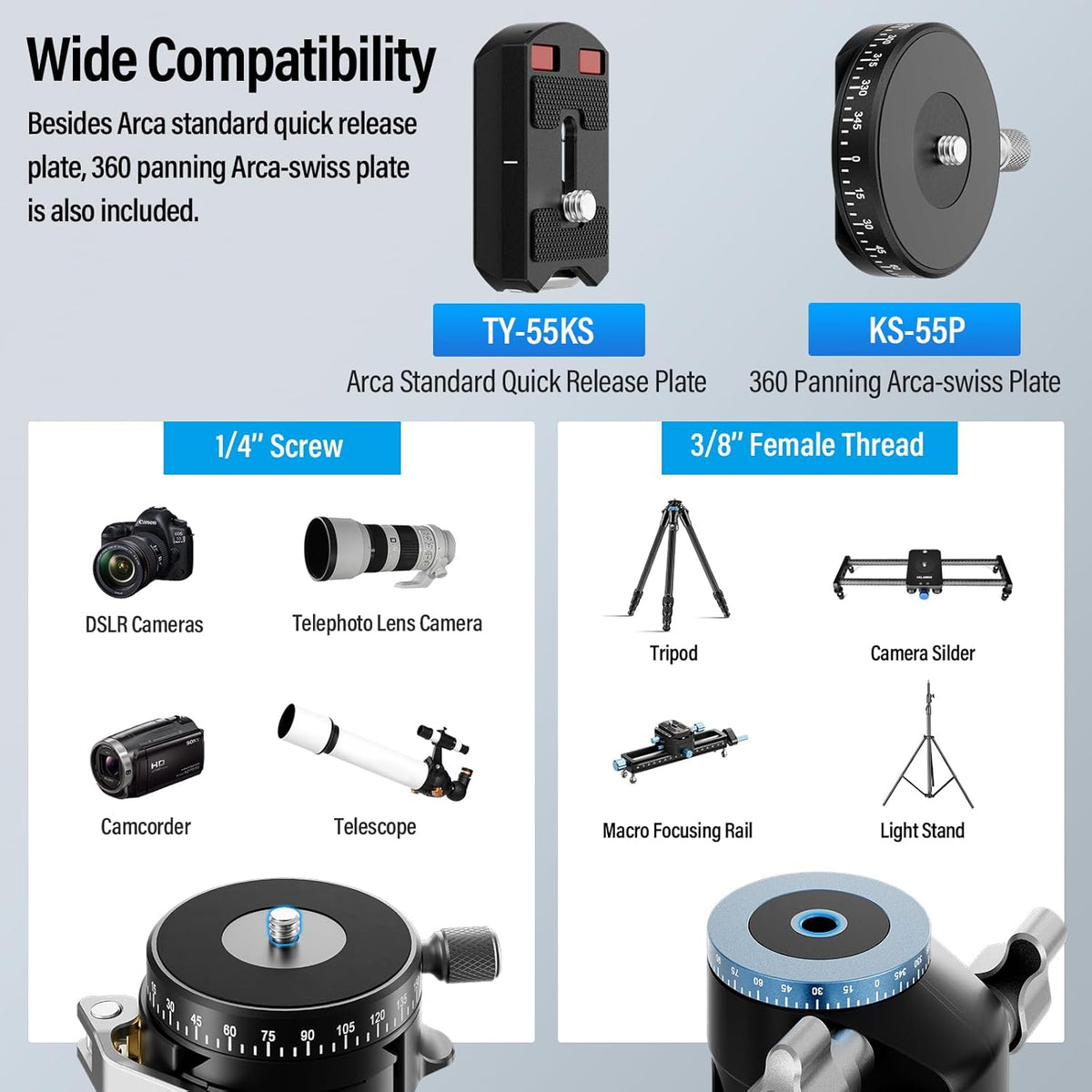 SIRUI 36mm Low Profile Ball Head KS-30, 360° Double Panoramic Aluminium Alloy Tripod Head for Camera, Camcorder, Professional Heavy Duty Ball Head for Tripod, Monopod, Camera Slider, Max Load 20KG