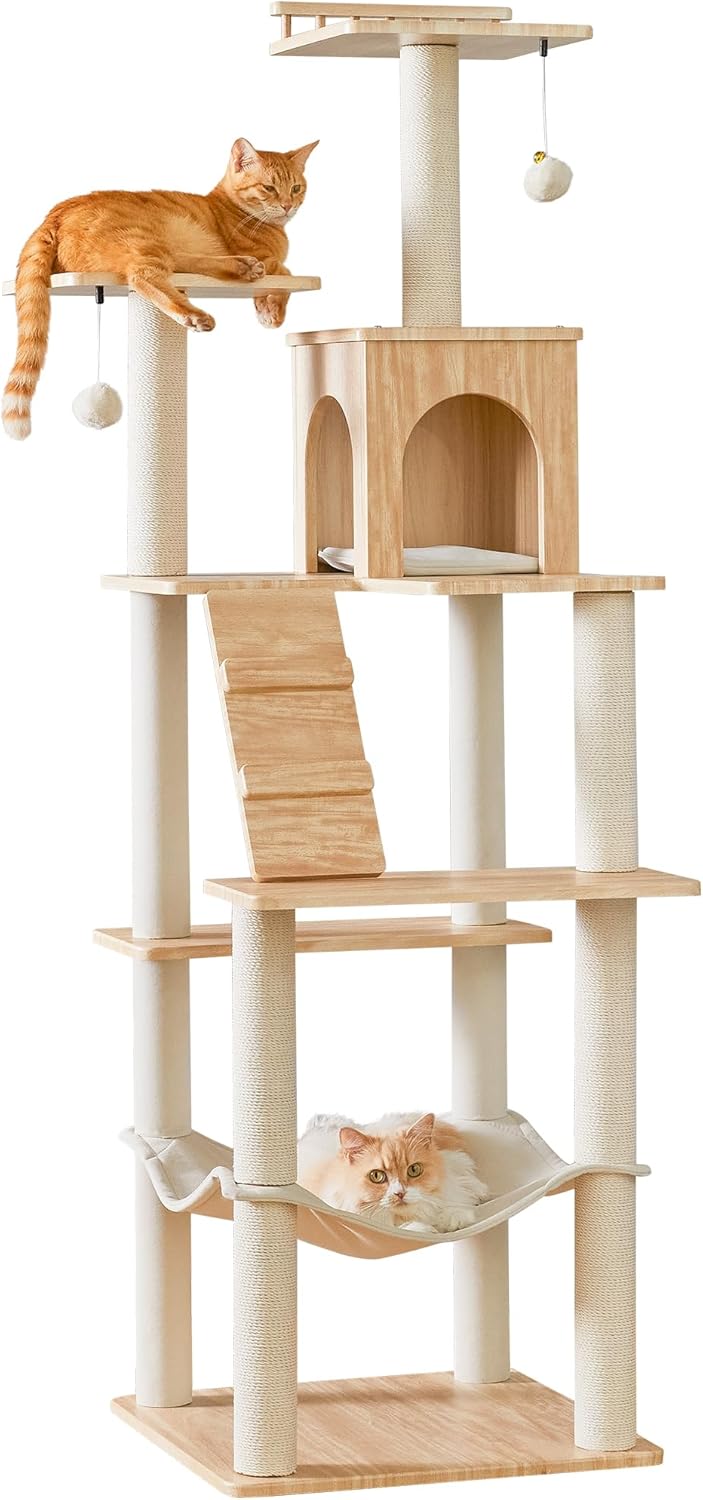 Grote Moderne Kattenboom - 178 cm Hoge Speeltoren voor Katten, Kattenmeubel met 7 Volledig Omwikkelde Krabpalen, 2 Ruime Platforms, Hangmat, Afneembaar Kussen en Pluche Ballen, Lichtbruin