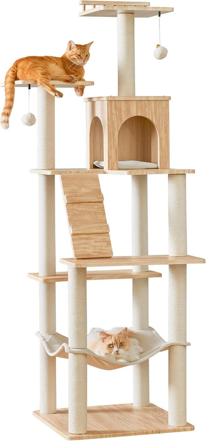 Grote Moderne Kattenboom - 178 cm Hoge Speeltoren voor Katten, Kattenmeubel met 7 Volledig Omwikkelde Krabpalen, 2 Ruime Platforms, Hangmat, Afneembaar Kussen en Pluche Ballen, Lichtbruin